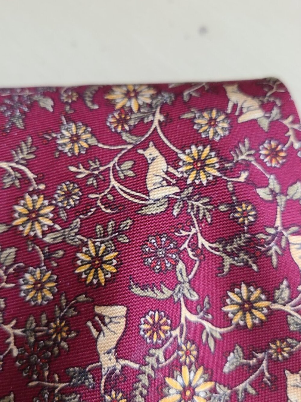 Burberrys Prorsum Silk Tie Floral Fox Woodland Animal Burgundy Vintage Luxury - Picture 5 of 8